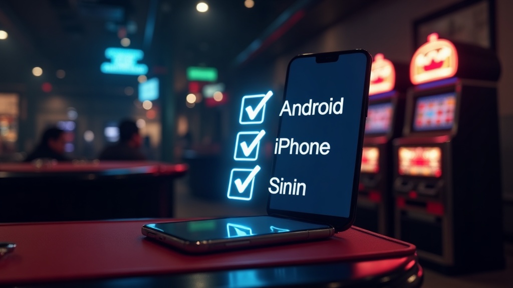 Smartphone com requisitos de compatibilidade para Android e iPhone num ambiente de casino