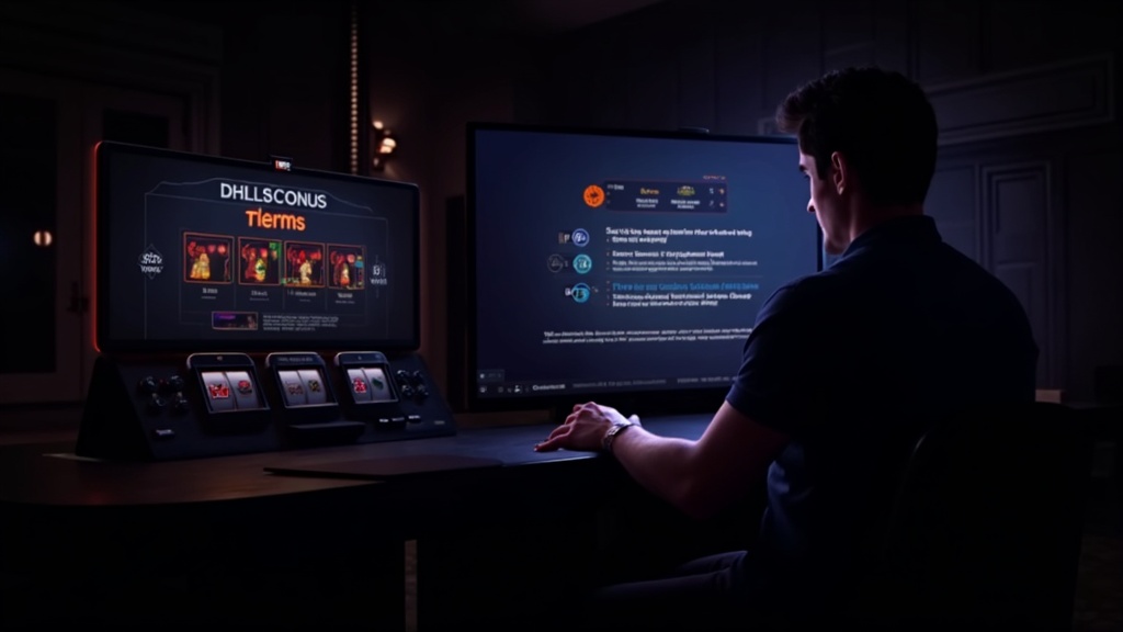 Jogador a rever termos de bónus numa sala de casino escura e iluminada