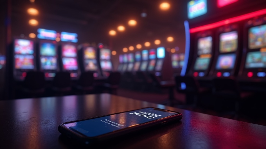 Telemóvel com ecrã de instalação da app num ambiente de casino escuro