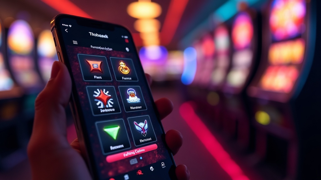 Ecrã de telemóvel com funções da app de casino como saldo e jogos