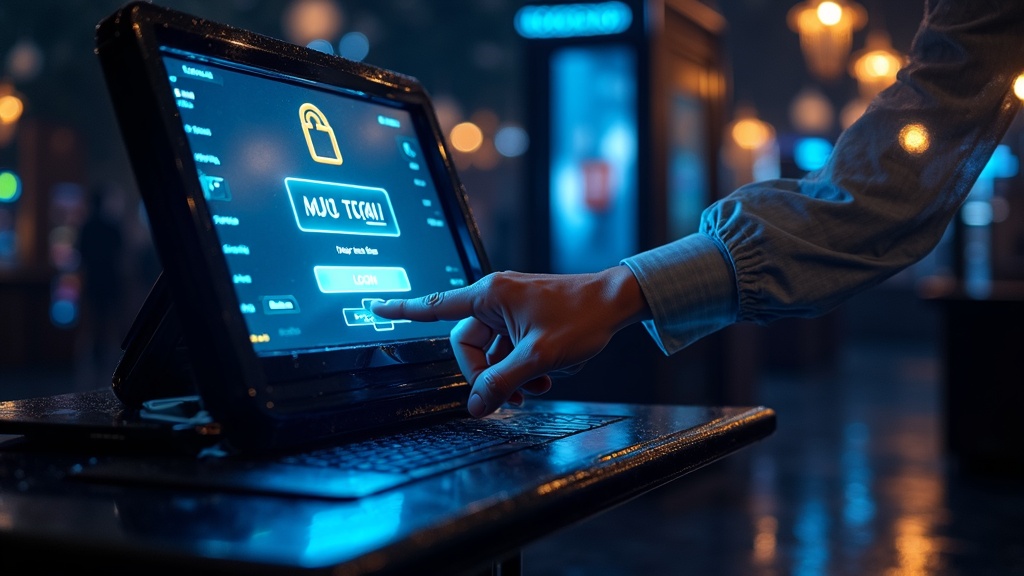 Terminal de login iluminado num casino escuro e atmosférico