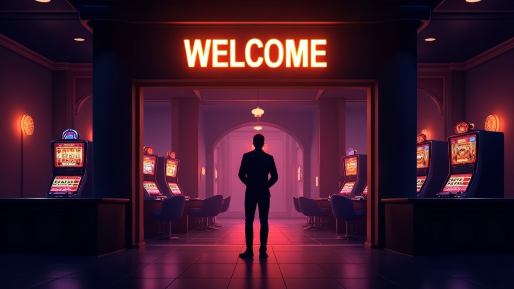 Novo jogador diante de um bónus de boas-vindas num casino escuro
